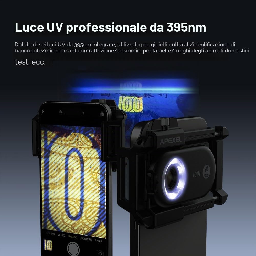 Obiettivo Microscopio per Telefono APEXEL, Serie PhoneMicro 5, Obiettivo Micro 100X per Android