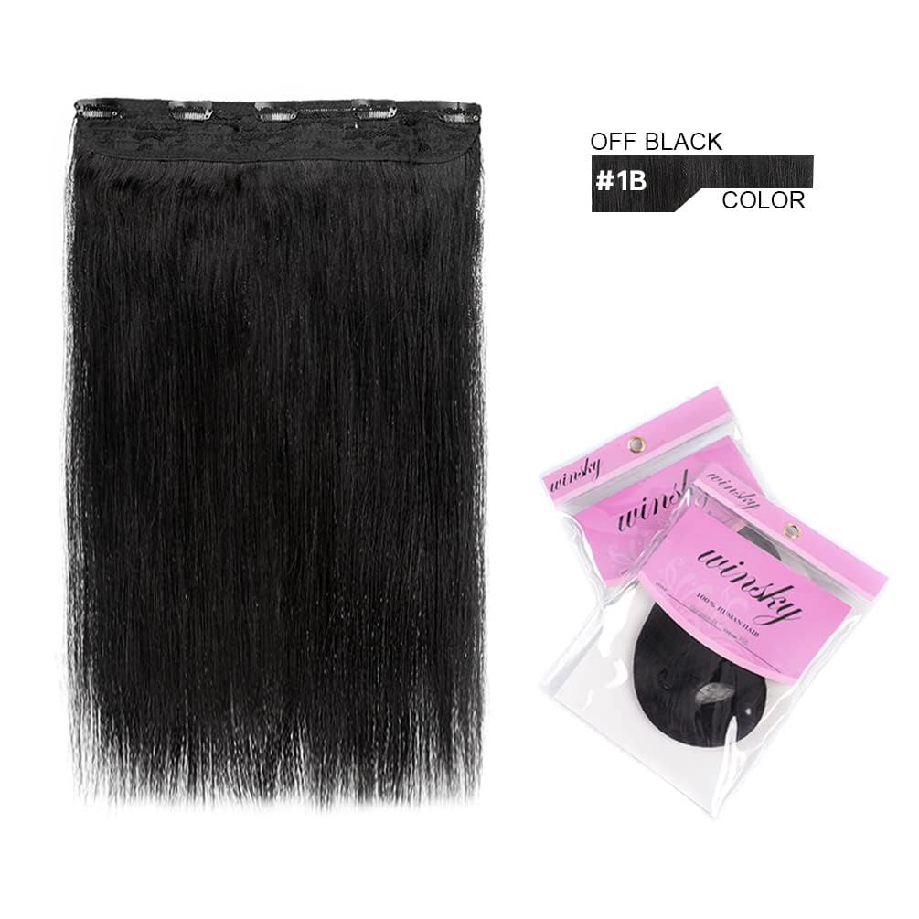 Winsky Hair Extensions Real Human Hair - One Piece Natural Black Remy Hair Extensions Clip on 90gram for Women (20inch, 1B)