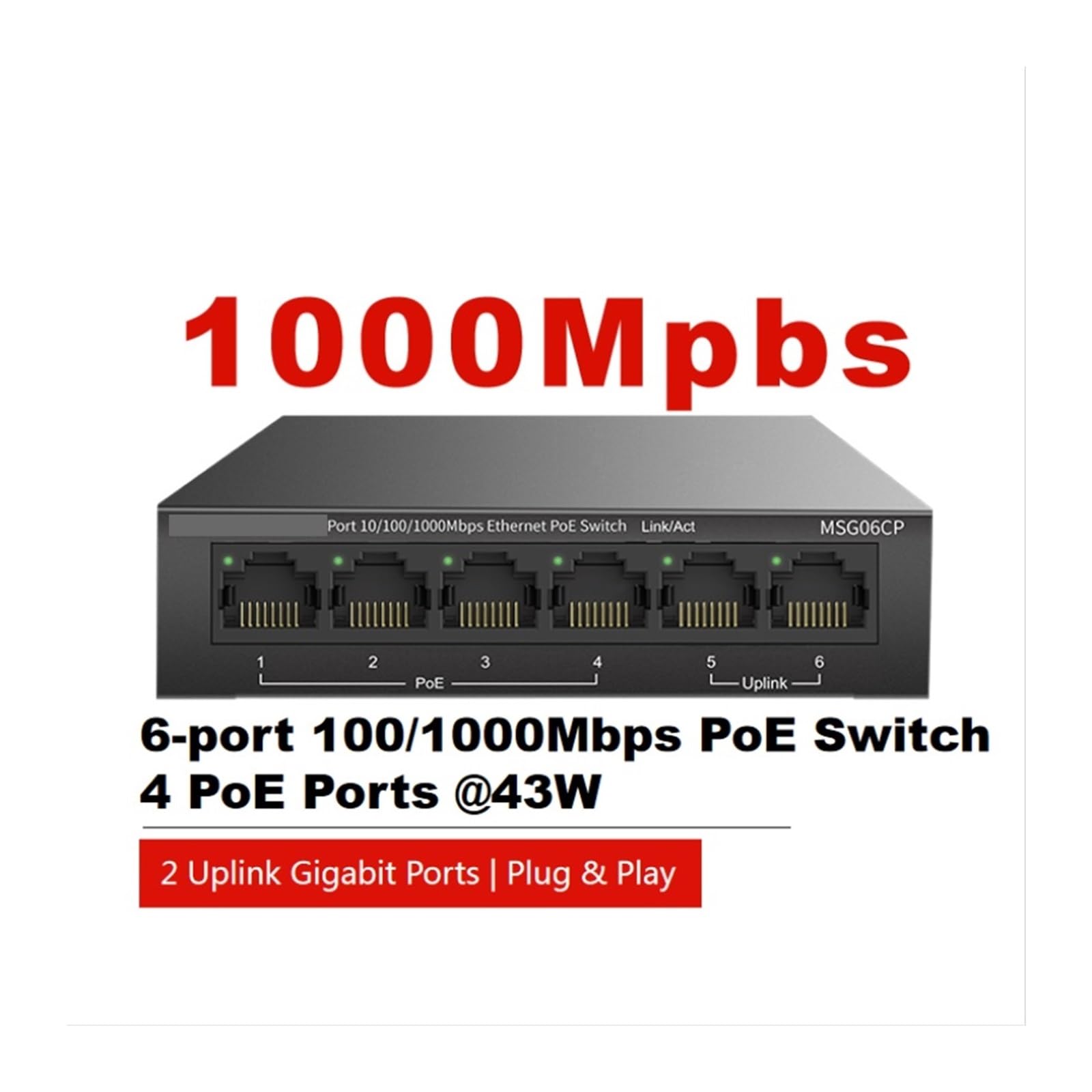 Switch PO//E Gigabit 100/1000 Mbps a 6 Porte, 4 Porte PO//E a 43 W IEEE802.3af, 2 Porte Gigabit uplink, Plug & Play MSG06CP(with E/.U Plug)