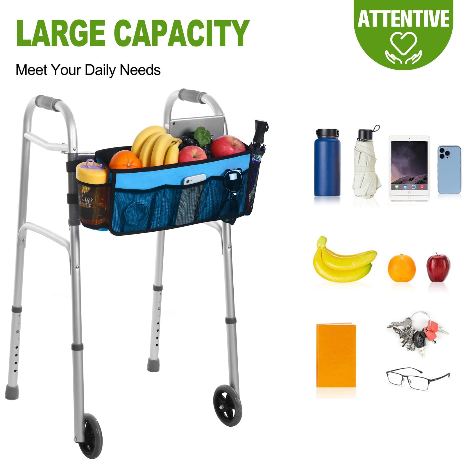 CTWWFS Cesta de andador mejorada con soporte para tazas, bolsa de almacenamiento plegable para personas mayores con gran capacidad y nunca se vuelca, el mejor regalo para la familia (azul cielo)