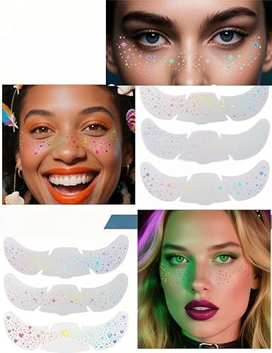 6Pack Holographic Freckles Face Tattoo, Waterproof and Sweatproof Glitter Freckles Gold Glow Temporary Tattoo Stickers（light blue+blue)(red)