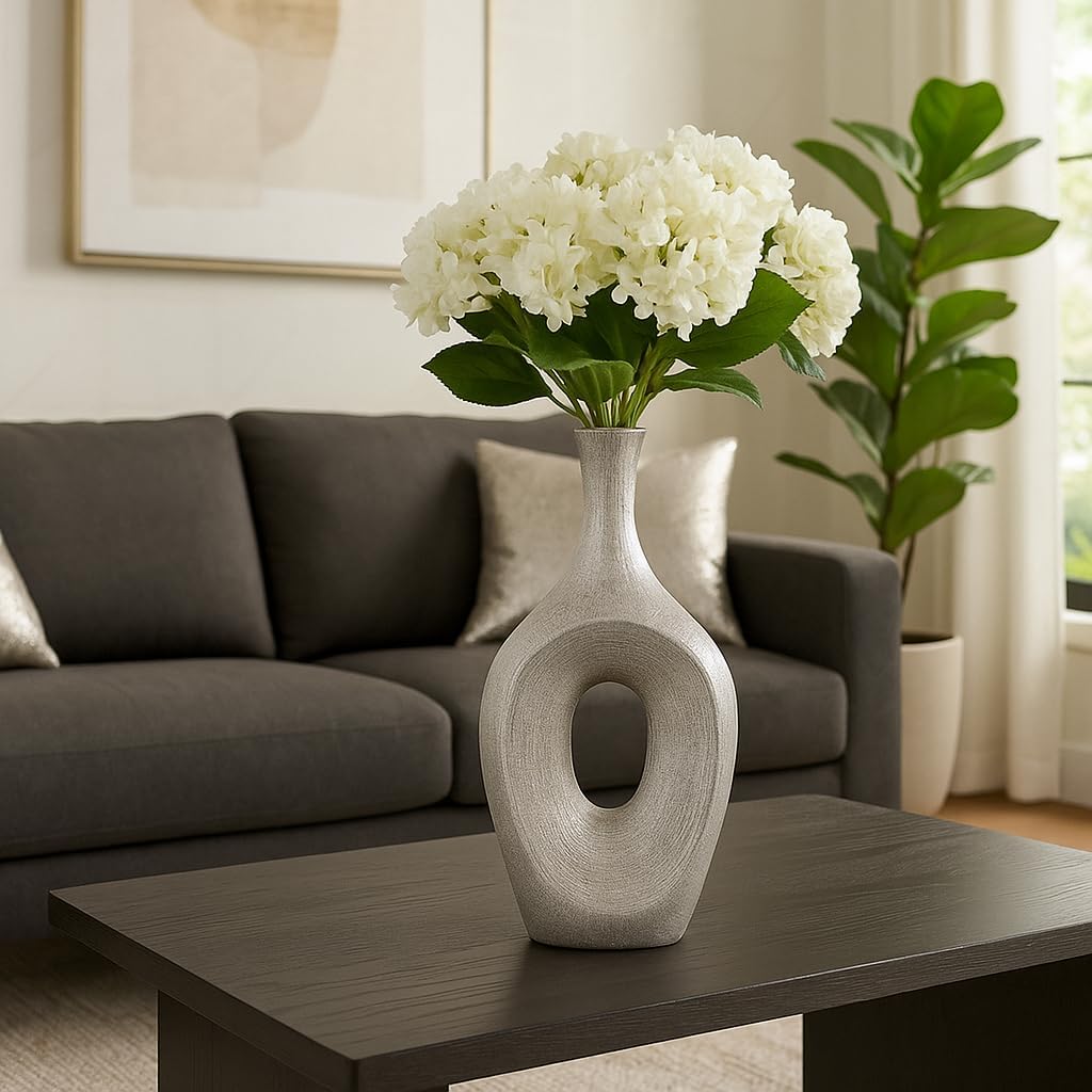 Ceramic Vase for Living Room Decor – Flower Vase for Home Decor, Eye-Catching Room Accent for Bedroom, House, and Office, Modern Nordic Boho Style Table Centerpiece or Bookshelf Accent – 19", Silver