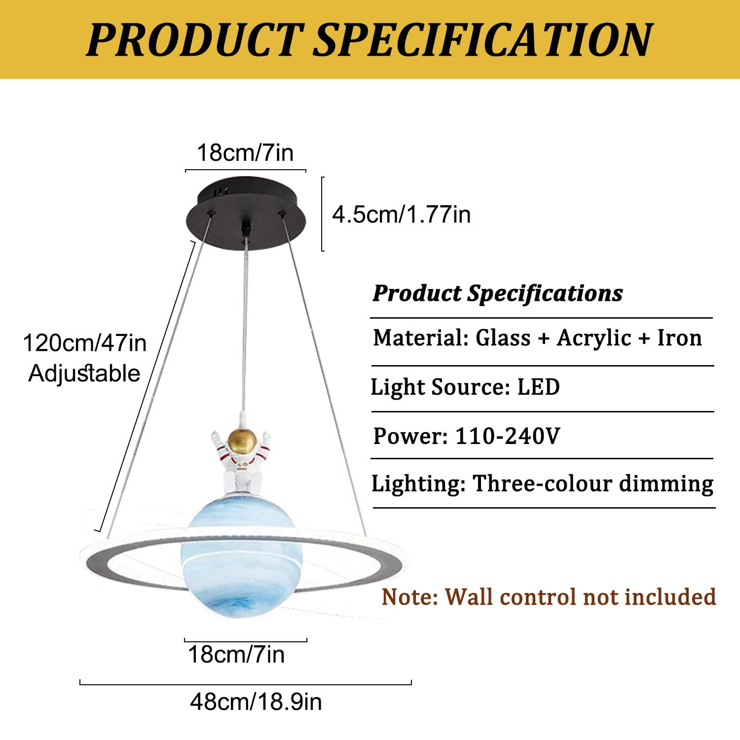 Suspension planète en acrylique pour chambre d'enfant, lampe LED suspendue espace, décoration intérieure, éclairage féérique pour garçons et filles (Astronaute)