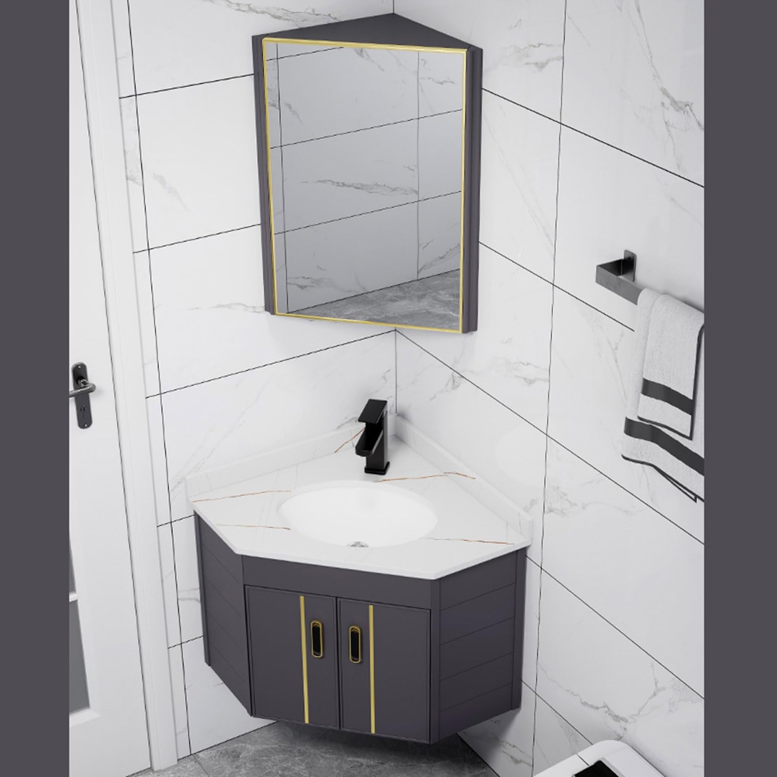SGKOMN Wall Mount Vessel Sink,Ceramic Sink,Bathroom Corner Basin Sinks, Corner Bathroom Vanity Sink Combo Wall Mounted Cabinet Set for Small Space, With Mirror-55cm