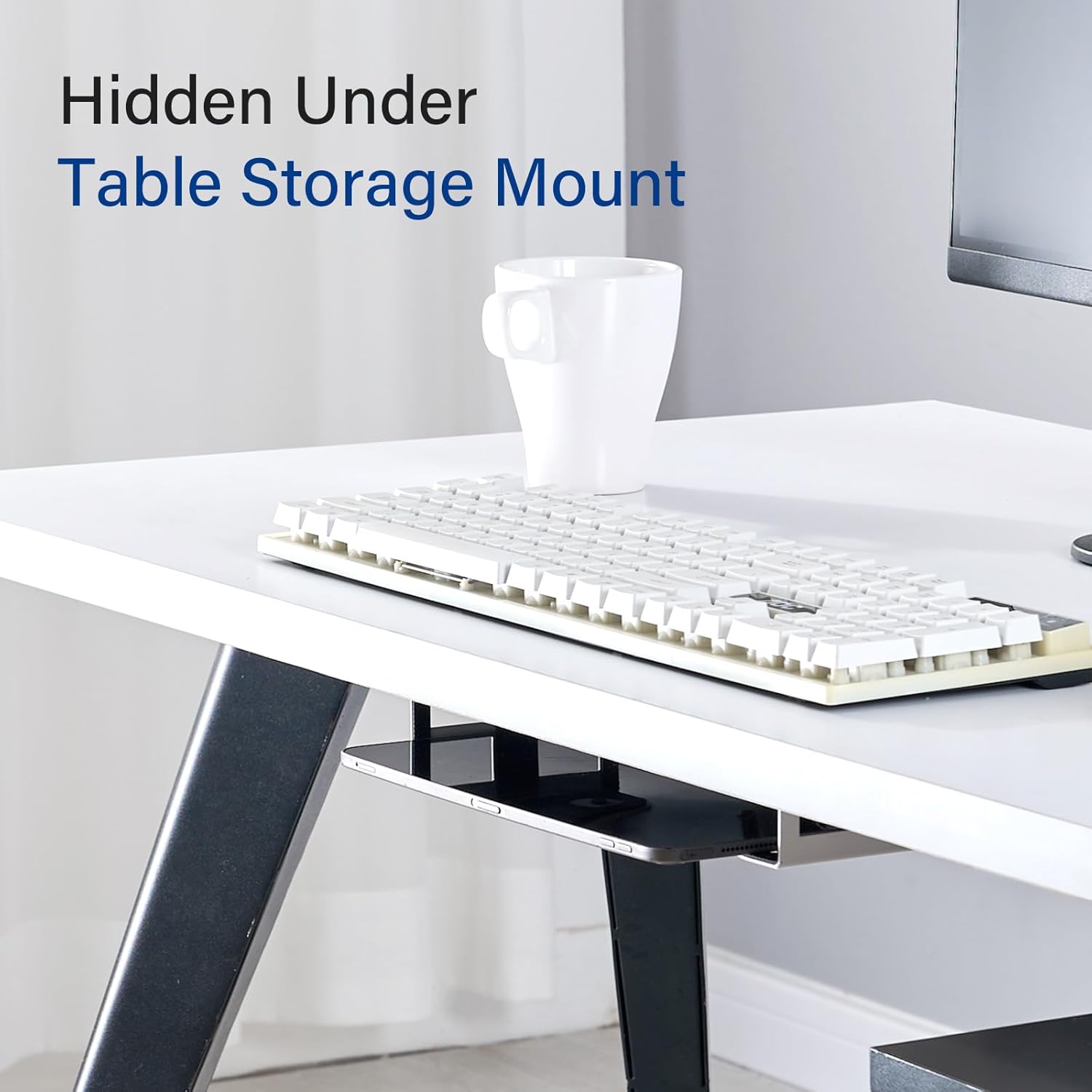 BYMECOST Under Desk Laptop Storage Mount, Metal Under Desk Device Holder, for Devices Up to 1.37" Thick, MacBook, Mini, Keyboard, Router, with Anti-Scratch Silicone (White) White 1.37" image 4 of 9 B0D3PQX15M