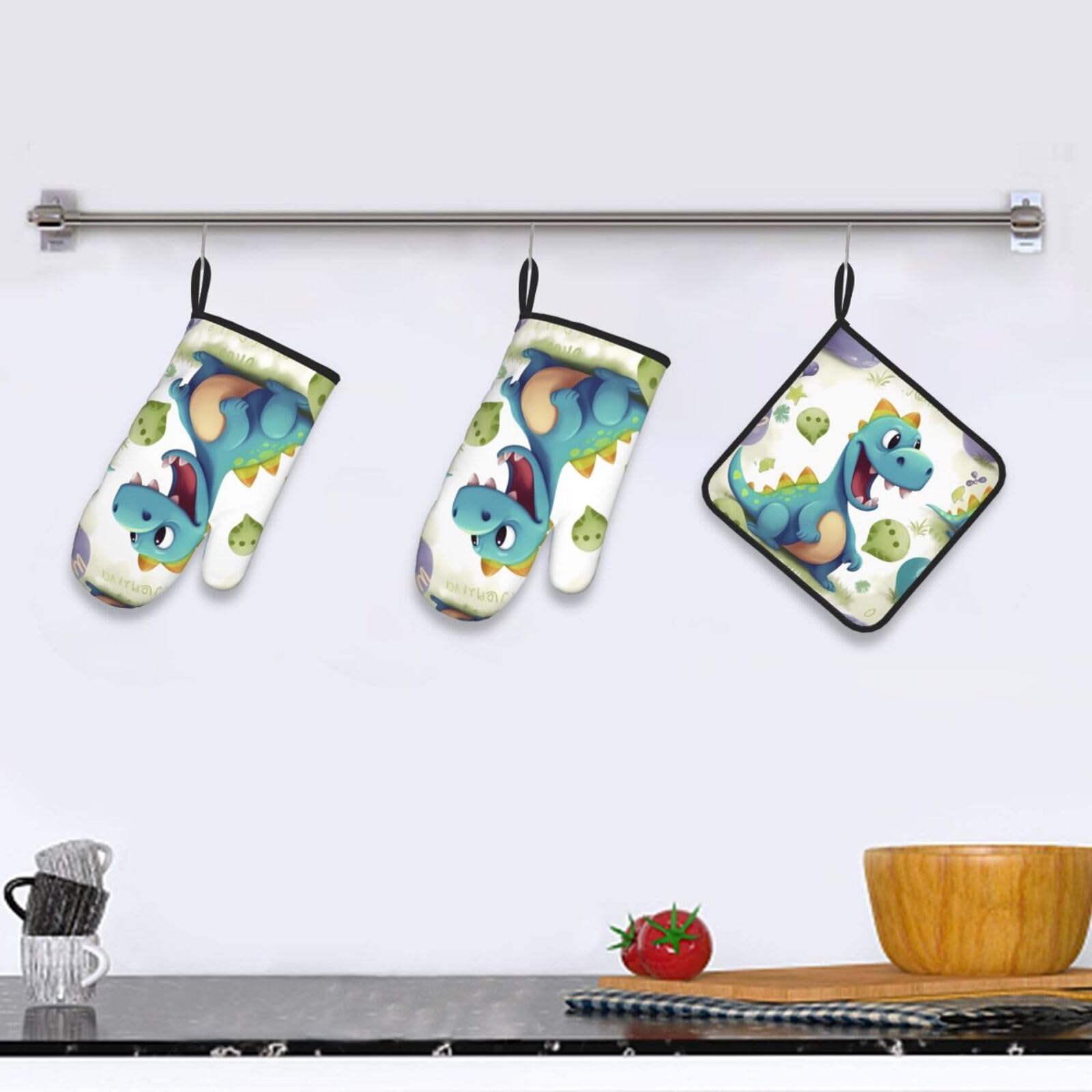 Gants Et Maniques De Cuisine Dinosaures - Silicone Antidérapant, Résistants à La Chaleur, Pour Four Et BBQ