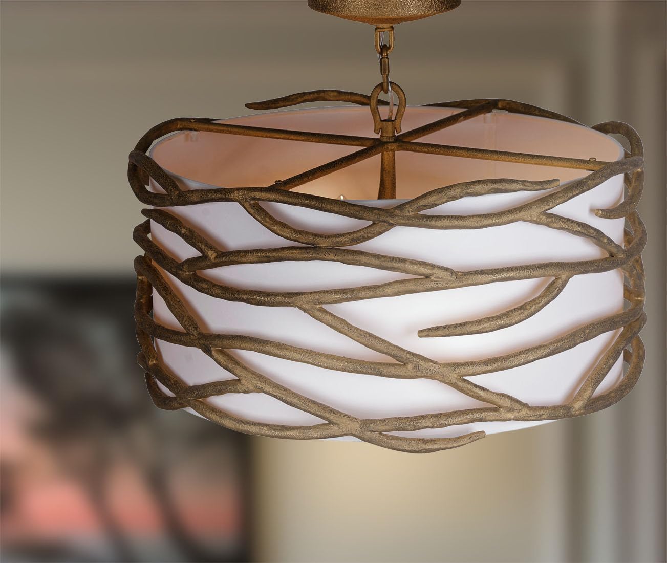 Minka Lavery 3715-788 Branch Reality Fabric Shade Semi Flush Ceiling Light, 4-Light 240 Total Watts, 12" H x 20" W, Textured Ashen Gold