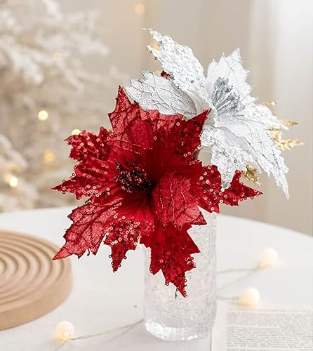 Miniatura 2 de Paquete de 6 flores de pascua artificiales con brillantina, decoración de flores de Navidad grandes para árbol de Navidad, guirnalda decorativa