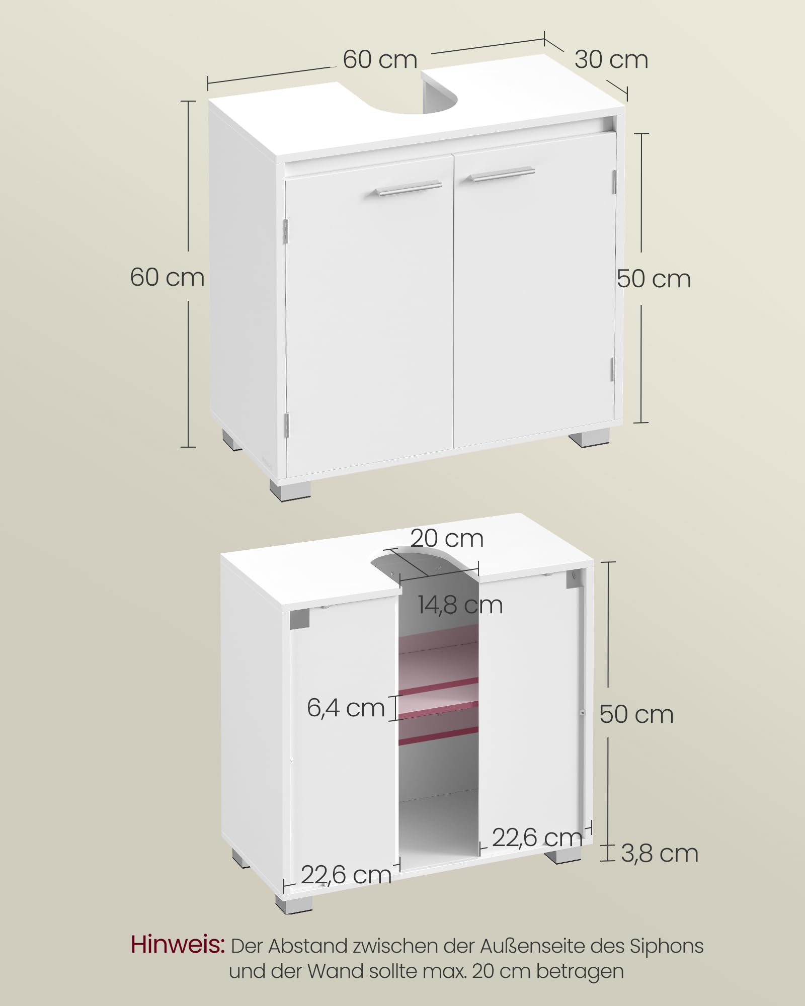 VASAGLE Waschbeckenunterschrank, Badezimmerschrank, 2 Fächer hinter den Türen, für Waschbecken ohne Säule, Badezimmer-Unterschrank mit Füßen, 30 x 60 x 60 cm, wolkenweiß BBK505W01