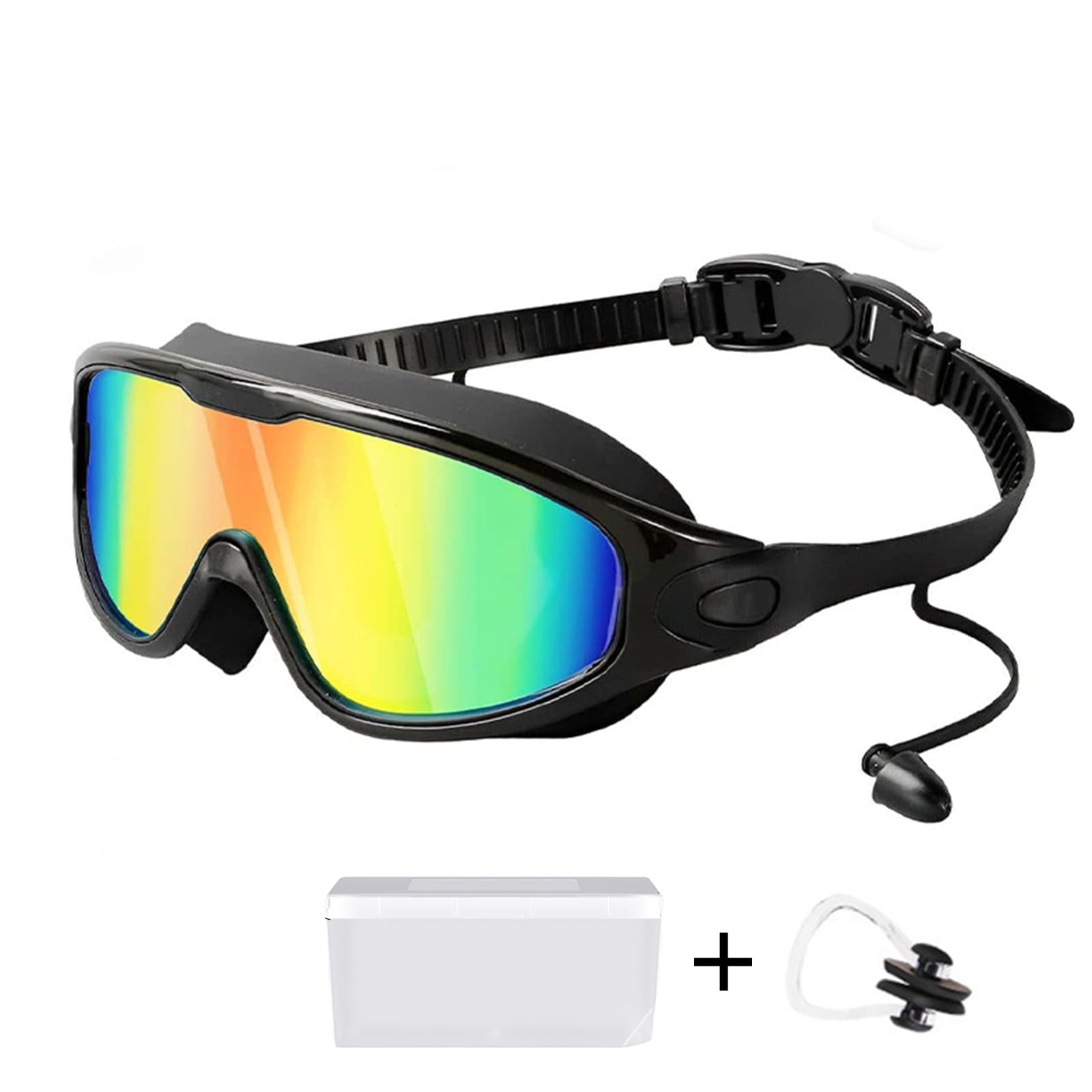 YZCCKJ Large Frame Swim Goggles with Nose Cover and Case, Wide View HD Anti Fog, UV Protection Swimming Goggles for Adults (Black Red)