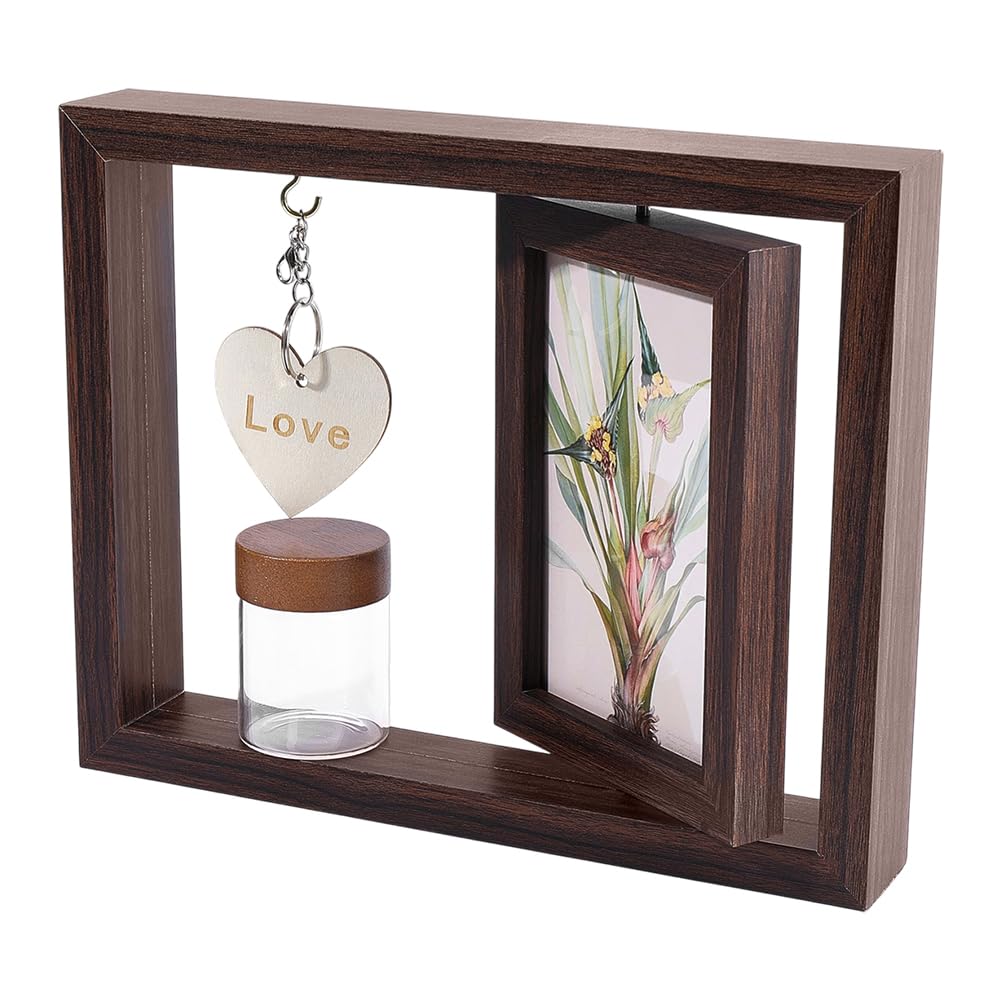 FINGERINSPIRE My First Haircut Keepsake Frame with Rotating Photo Display (Holds Two 4x6inch Pictures) and Clear Glass Sealed Jar and Love Charm Coffee Wood Photo Frame Stand for Newborn Memory Gift