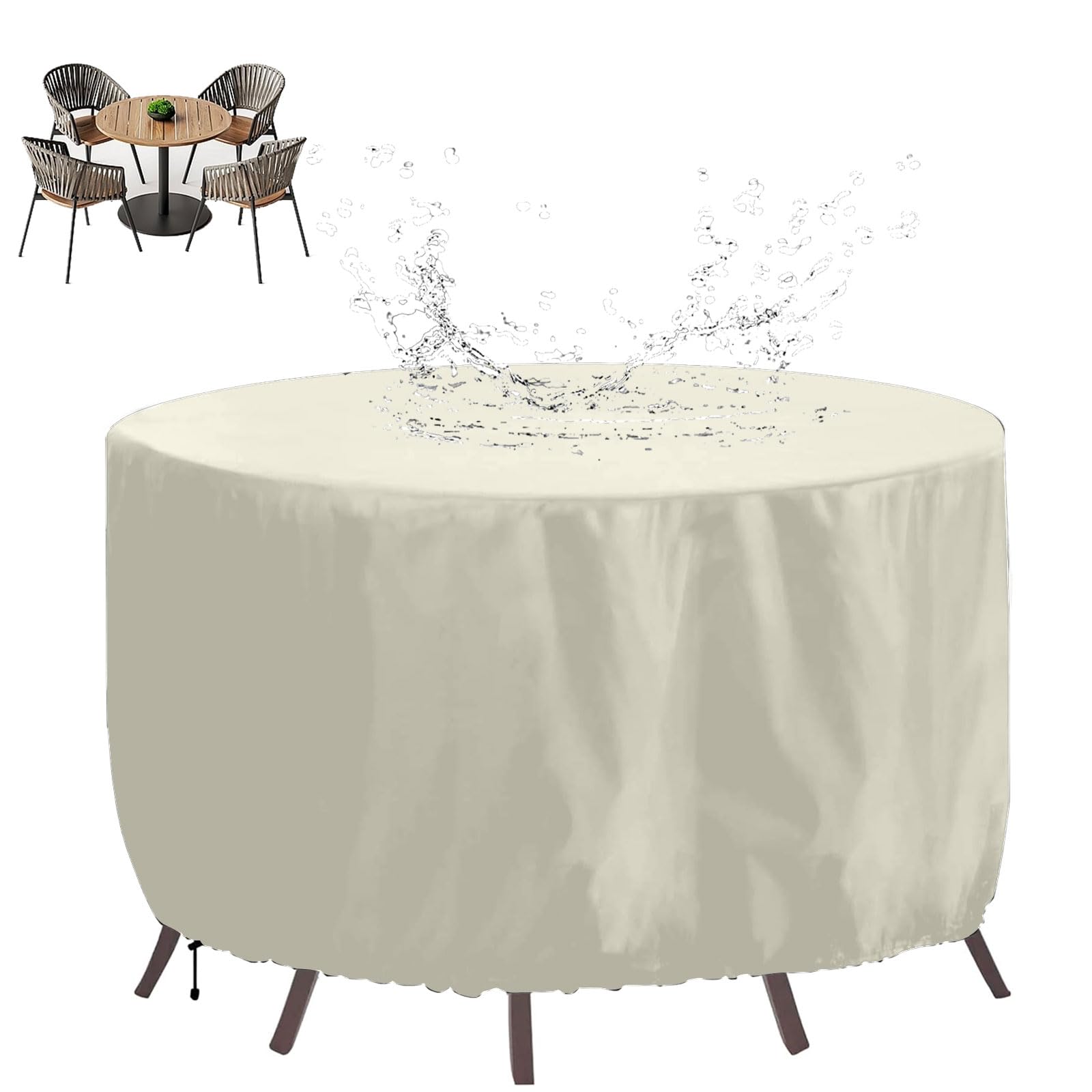 Wodoodporny okrągły pokrowiec na meble ogrodowe 275 x 145 cm wytrzymały materiał Oxford 420D odporny na działanie promieni UV na zewnątrz ochraniacz na stół i krzesła biały okrągły pokrowiec na patio