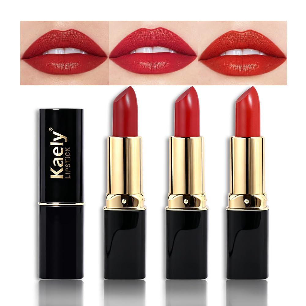 Kaely 3Pcs Red Matte Lipstick Set for Women, Dark Berry Bright Red Velvet Lipstick Long Lasting Waterproof Smudge Proof, 24 Hours Original Lip Stick Stain Makeup Kit, 602+605+606 3Pcs-602&605&606 3 Count (Pack of 1)