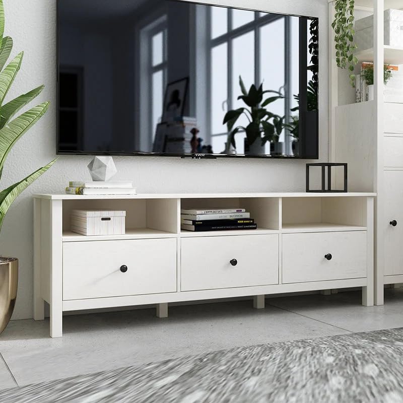 Solid Mango Wood TV Unit with 3 Drawers & Open Shelves | White Finish Entertainment Center for Living Room-image-33