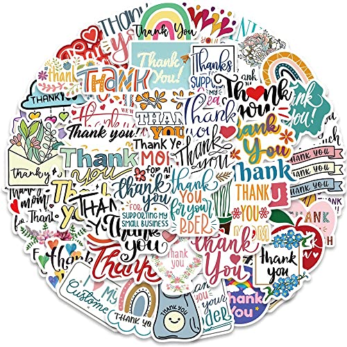 Yaroelrd Thank You Stickers 50 Sheets Water Bottle Waterproof Vinyl Decal Envelope Card Label Diary Gift Bag Packaging Scrapbook Laptop Kids Teen Adult Inspirational Friendship Decal, Multicolor #TOP1