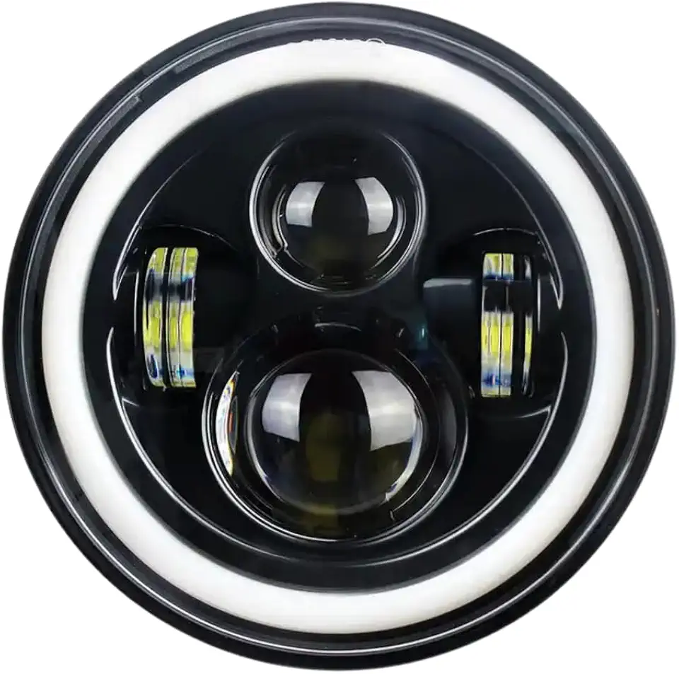 Farol de Milha LED 7” Redondo Angel Eyes 30W 12V 24V com DRL e Seta Âmbar – Universal para Moto, Jeep, Troller e Defender – Luz Branca Off Road