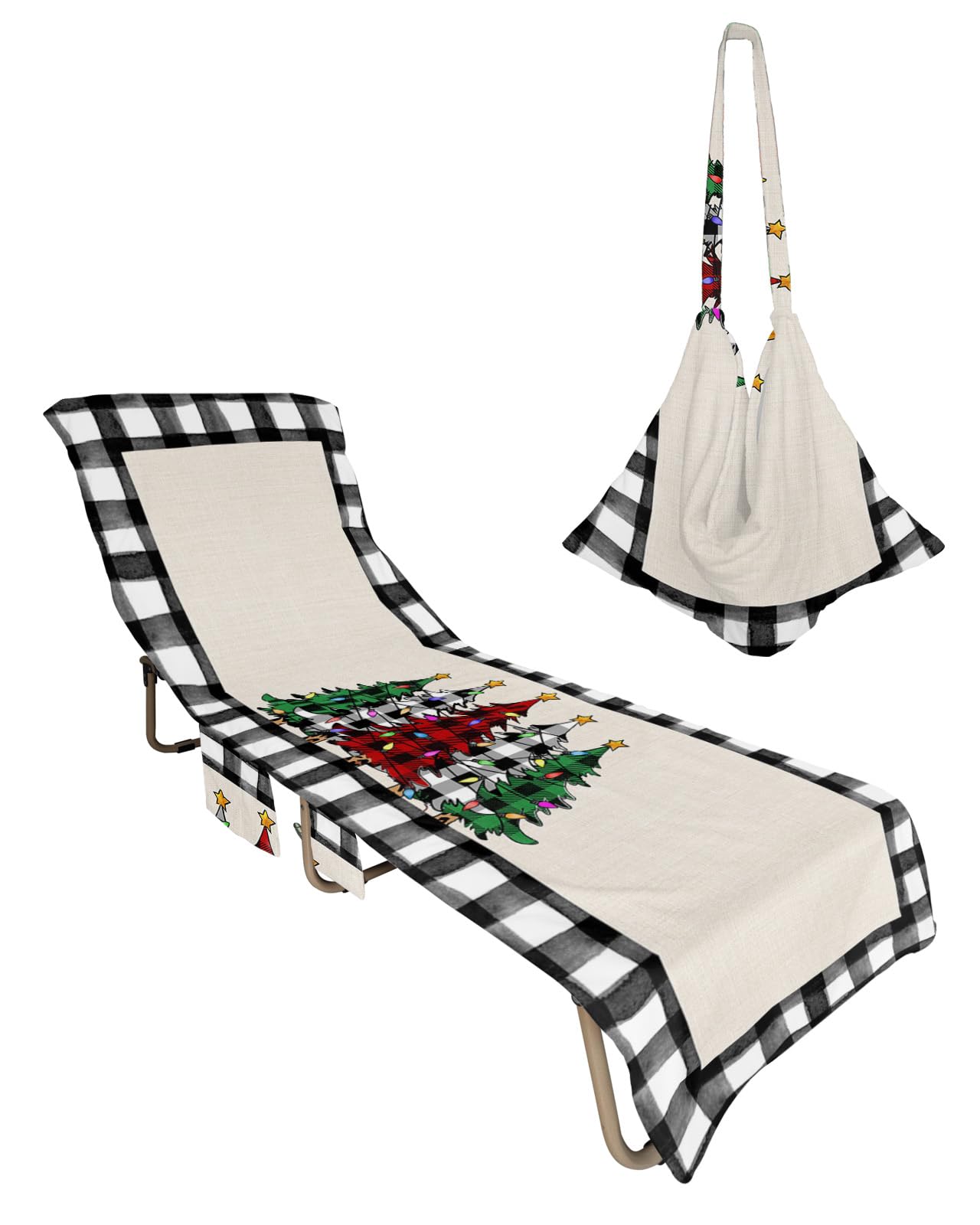 Christmas Beach Lounge Chair Towel Cover, Soft Chaise Lounge Towel with Side Pockets Patio Pool Chairs Cover for Beach/Pool Sunbathing 29x85 Green Red Xmas Tree Black and White Checkered