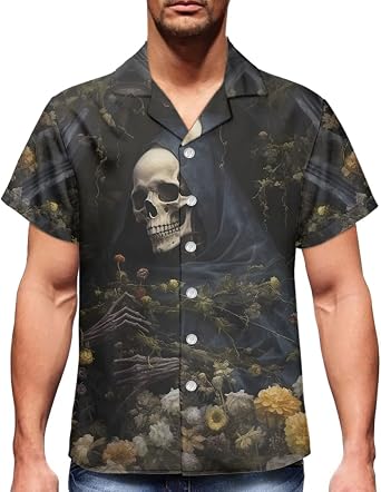 ENLACHIC Mens Gothic Skull Floral Printed Short Sleeve Casual Button Down Beach Hawaiian Shirts