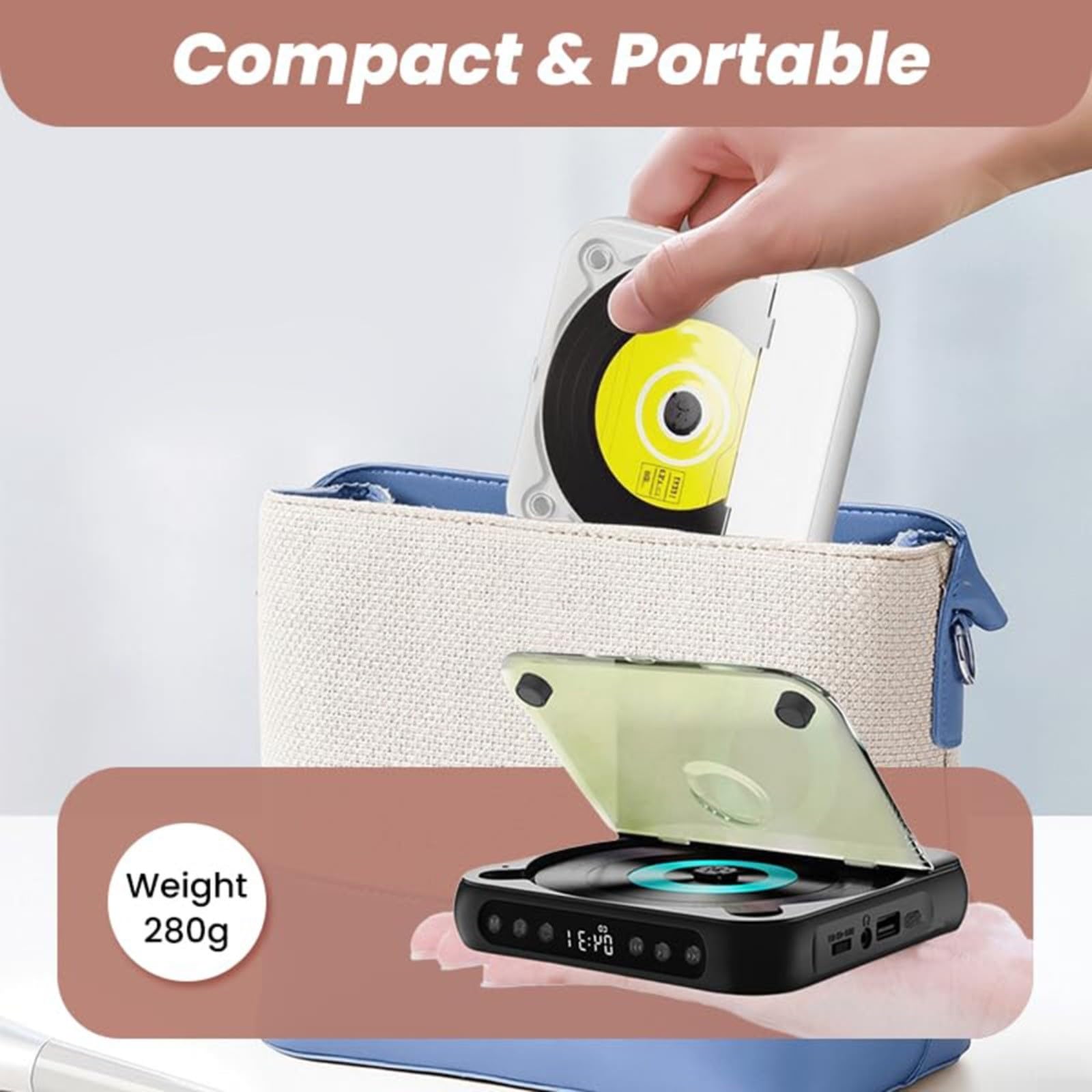 Lettore CD portatile con suono Hi-Fi e riproduzione wireless/cablata, batteria ricaricabile, design compatto per casa, viaggi e uso in auto (rosa)