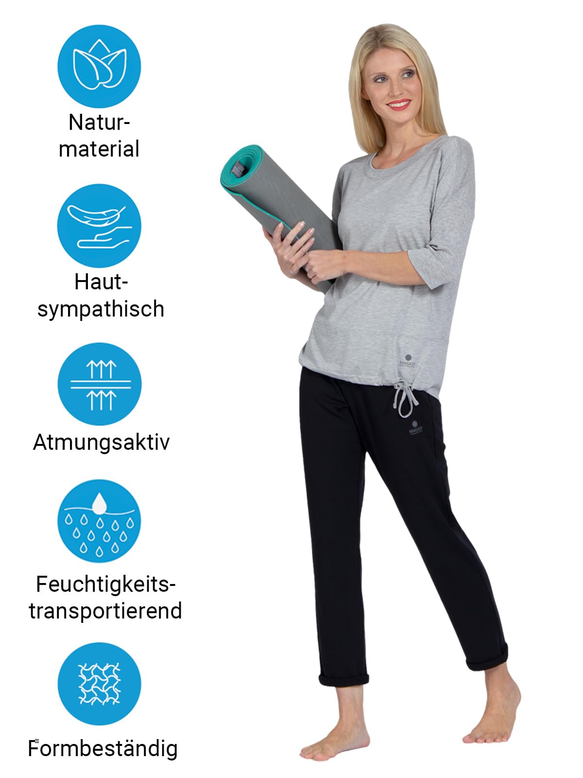 Magadi Maglietta da yoga Sara Aqua da donna in cotone biologico, da donna, top sportivo per yoga, pilates, palestra, sostenibile ed equo, grigio mélange, XS