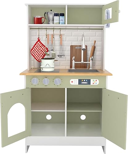 Miniatura 8 de Teamson Kids Little Chef - Juego de cocina de madera moderna con características interactivas y 9 accesorios de cocina, verdeblanco