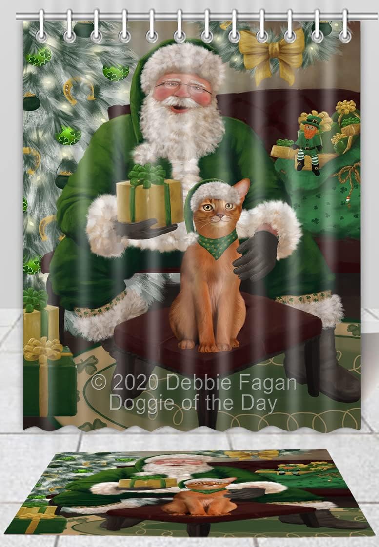 Christmas Irish Santa with Gift and Abyssinian Cat Shower Curtain & Bath Mat Set - Bathroom Rug Mat Bathtub Curtain Screens with Hooks, BMSC89327 BM 16''x 28'', SC 36"x72"