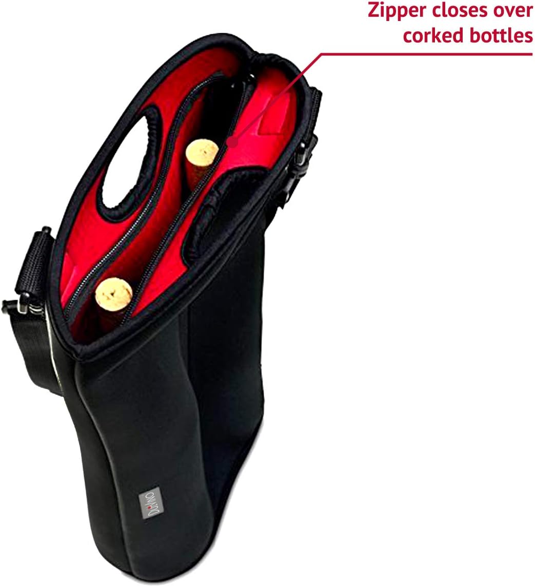 2 Bottle Wine Carrier Travel Bag - Thick Insulating Neoprene Wine Tote- Expandable 2 Bottle, Taller Design - Zipper Closes over Corked Bottles, Adjustable Shoulder Strap