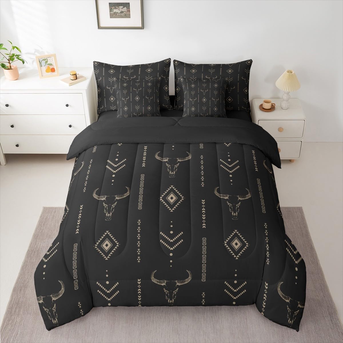 Erosebridal 7 Pieces Bobo Aztec Comforter Set Queen,Black Brown Western Bedding Sets for Women Kids Rustic Bohemian Tribal Ethnic Horns Bed in A Bag Southwest Cow Bull Skull Sheet Set with Comforter