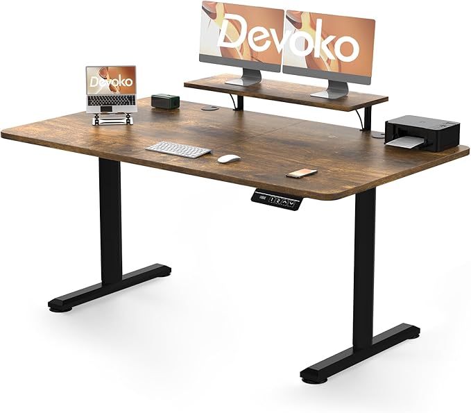 Devoko Electric Lift Desk with Board 160 x 70 cm, Height Adjustable Desk 73-118 cm, 2 Intelligent Memory Options for Study, Work(160×70cm,Brown)