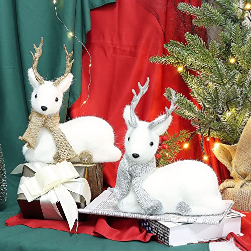 Lulu Home Christmas Tabletop Ornaments, Set Of 2 Flocking White Lying Reindeer Figurines With Glittered Antler And Feet, Xmas Holiday Winter Mantle Shelf Centerpieces Decoration, Golden & Silver #TOP4