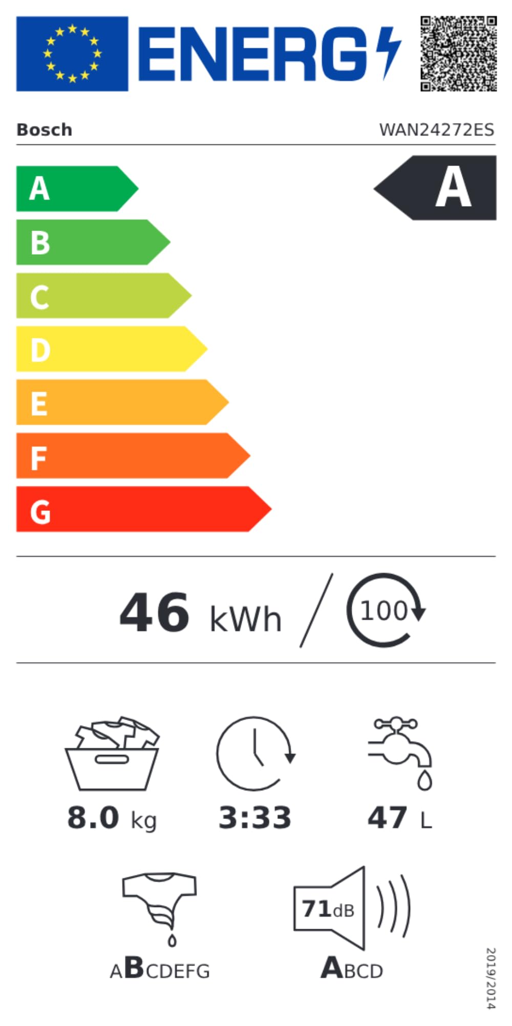 Bosch - Lavadora Libre Instalación, 8 kg, 1200 RPM, Serie 4, Función Pausa + Carga, Iron Assist, Motor EcoSilence, Blanco, WAN24272ES