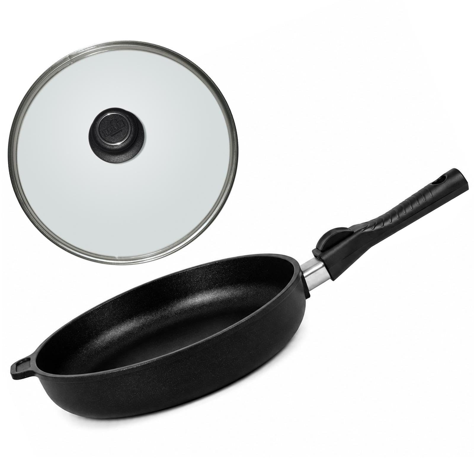 BAF Bratpfanne 20 cm aus Aluguss mit Glasdeckel & abnehmbarem Griff - Rand 5 cm hoch - Antihaft Flachrandpfanne geeignet für Induktion, Gas, Elektro & Backofen - Made in Germany
