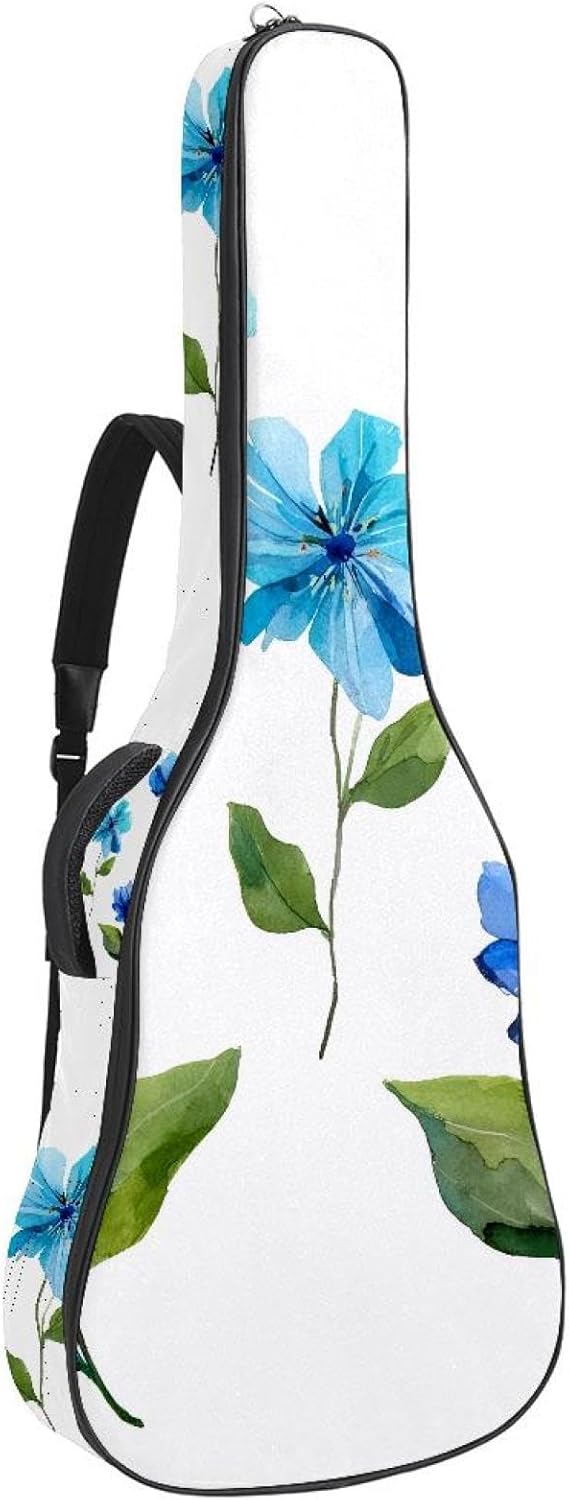 Botanical and Blue Floral Art Pattern Acoustic Guitar Gig Bag, 1 cm Thick Padding Waterproof Guitar Bag Backpack for 40 41 42 Inch Electric Bass Classical Guitars