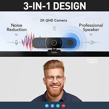 3 in 1 Webcam - 2K HD USB C Webcam with Microphone and Speaker, Stereo Sound & Noise-Cancelling Mics, Privacy Cover, Light Correction, Autofocus Conference Web Camera for Computer/Laptop/PC/Monitor