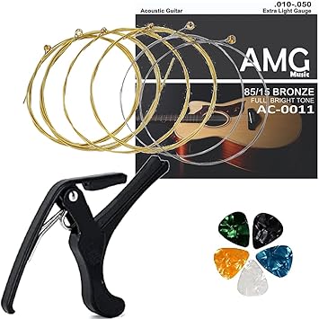 DEVCIE OF URBAN INFOTECH Combo of Acoustic Guitar Strings & quick change trigger one handed Guitar Capo for Acoustic Guitar, Electric Guitar, classical guitar, Ukulele (6 Strings+ Capo+ 5 picks)