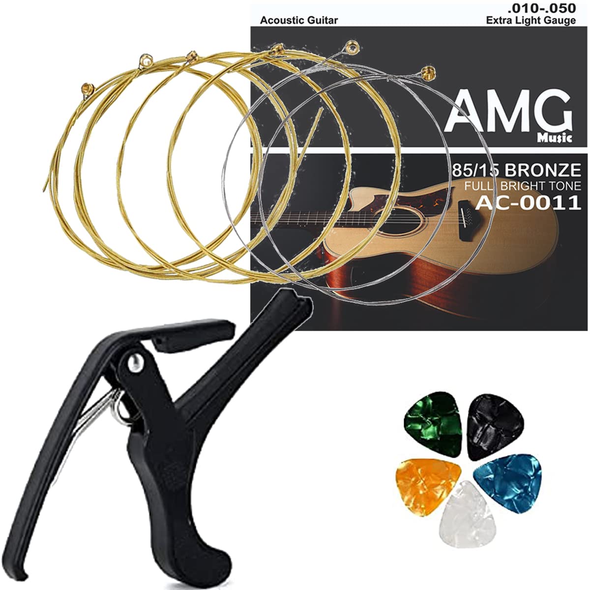 Acoustic Guitar String and Capo Quick Change Spring Capo for Electric Guitar Bass Banjo Mandolin with Set of 6 Stainless Steel String-image-3