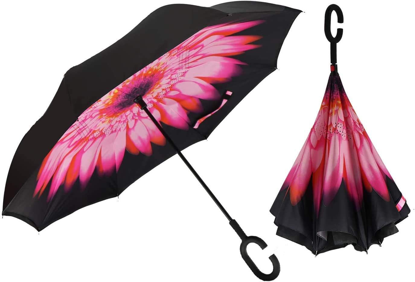 umbresen Double Layer Inverted Umbrella Cars Reverse Open Folding Umbrellas, Windproof UV Protection Large Self Stand Upside Down Straight Umbrella for Golf Women and Men With C-Shaped (Pink Daisy)