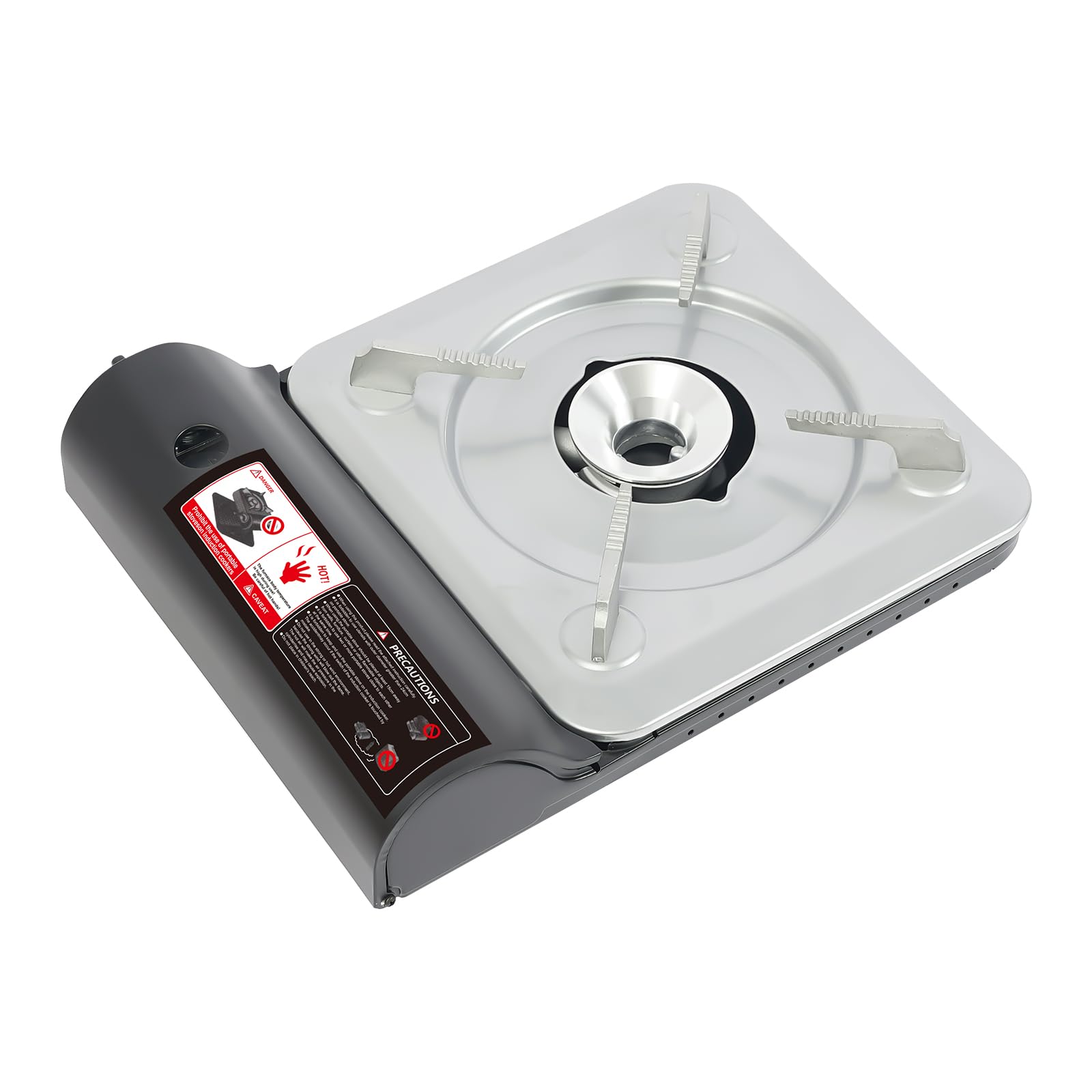 Réchaud de camping au butane avec étui portable, 3500 W haute puissance barbecue grill pour randonnée, fêtes de plage et cuisine en plein air (argent + noir)