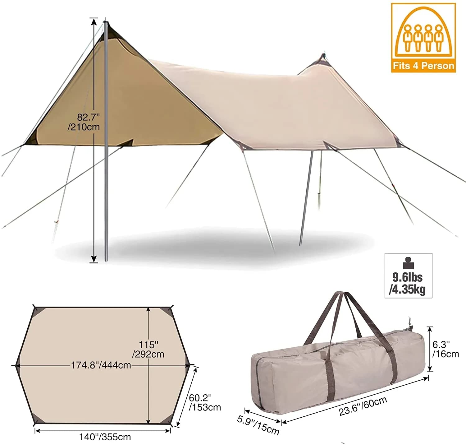 YUEWO 15×10FT 210D Oxford UPF50+ Shelter Camping Tarp with 2 * 7FT Poles, Waterproof & Lightweight Tent Tarp, Rain Fly Sun Shelter, Can Used with Car,Tent & Hammock for Picnic, Garden & Outdoor
