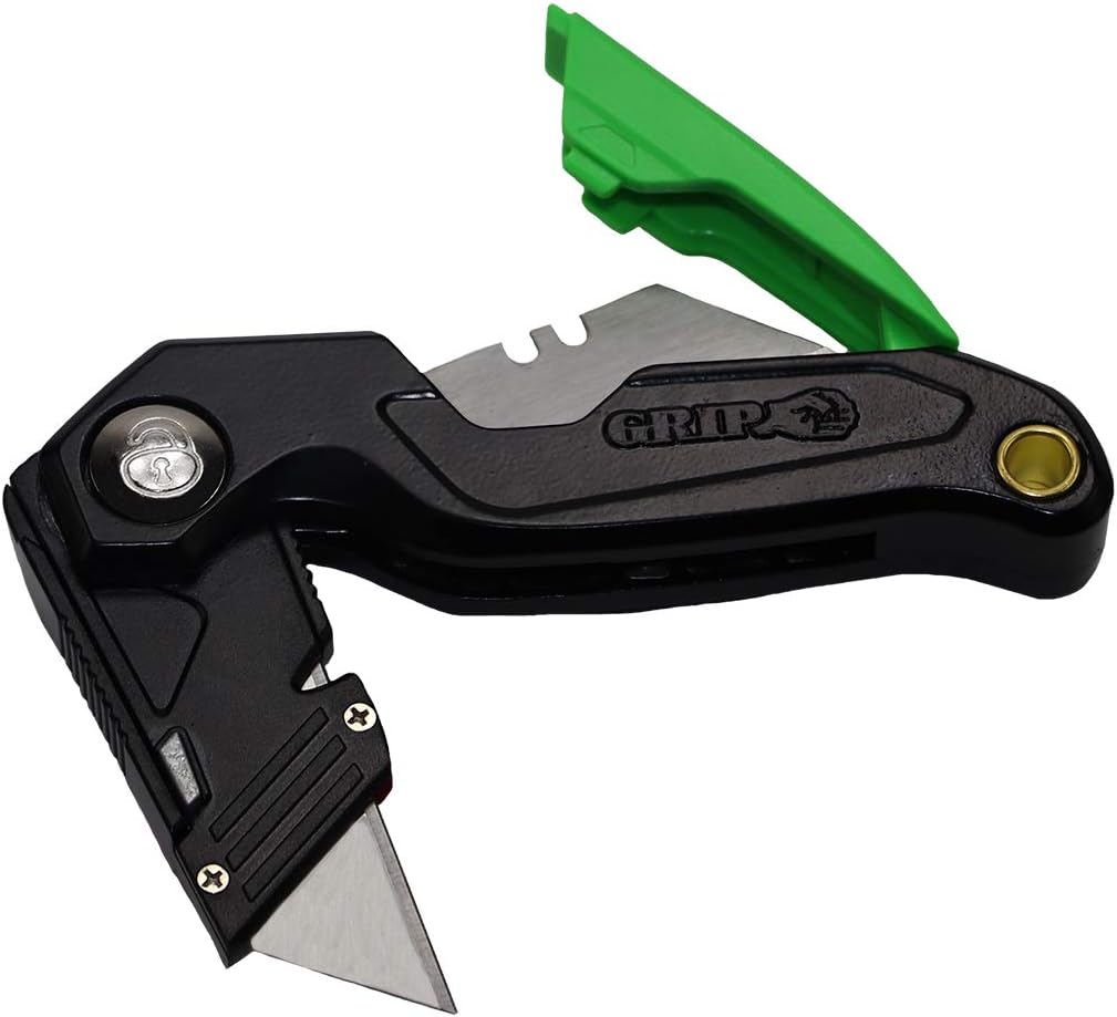 Grip Professional Quick Release Folding Utility Knife - Quick Blade Change Box Cutter - Aluminum Handle with 3 Blade Storage - 11 Bonus Blades - Home, Office, Warehouse, Garage, Workshop