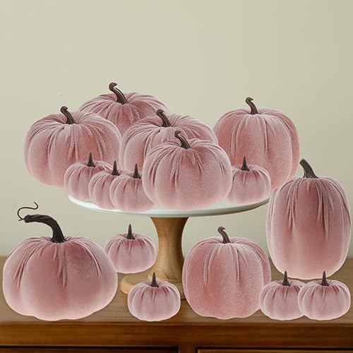 Miniatura 10 de Juego de 16 calabazas surtidas de terciopelo sintético de Halloween, hechas a mano, espuma artificial, cosecha de otoño, hogar, fiesta, centro de