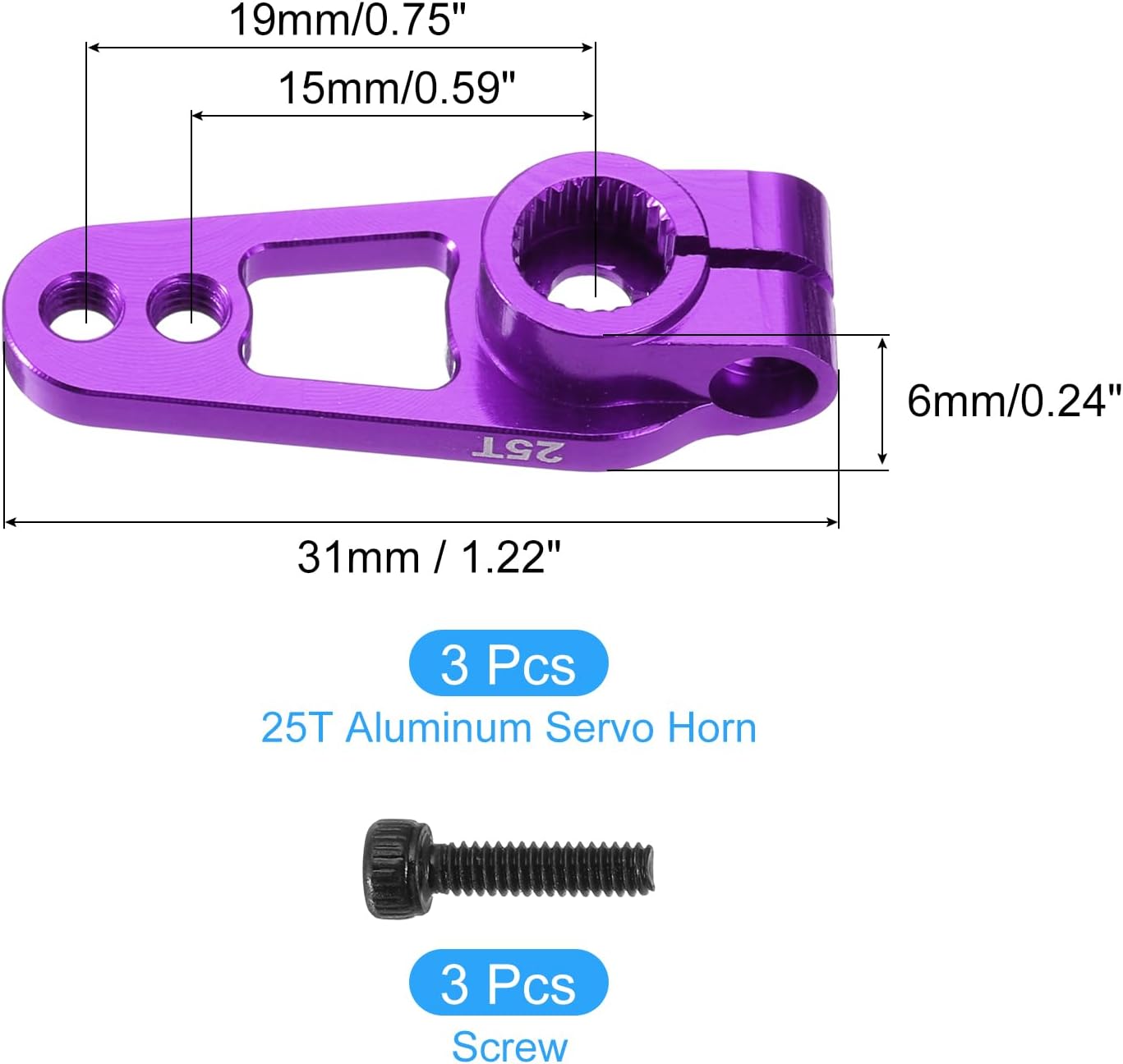 MECCANIXITY 3 Pcs Aluminum Alloy 25T Steering Servo Arm Horn for DIY RC Car/Boat/Airplane Boat Accessories, 31mm Purple