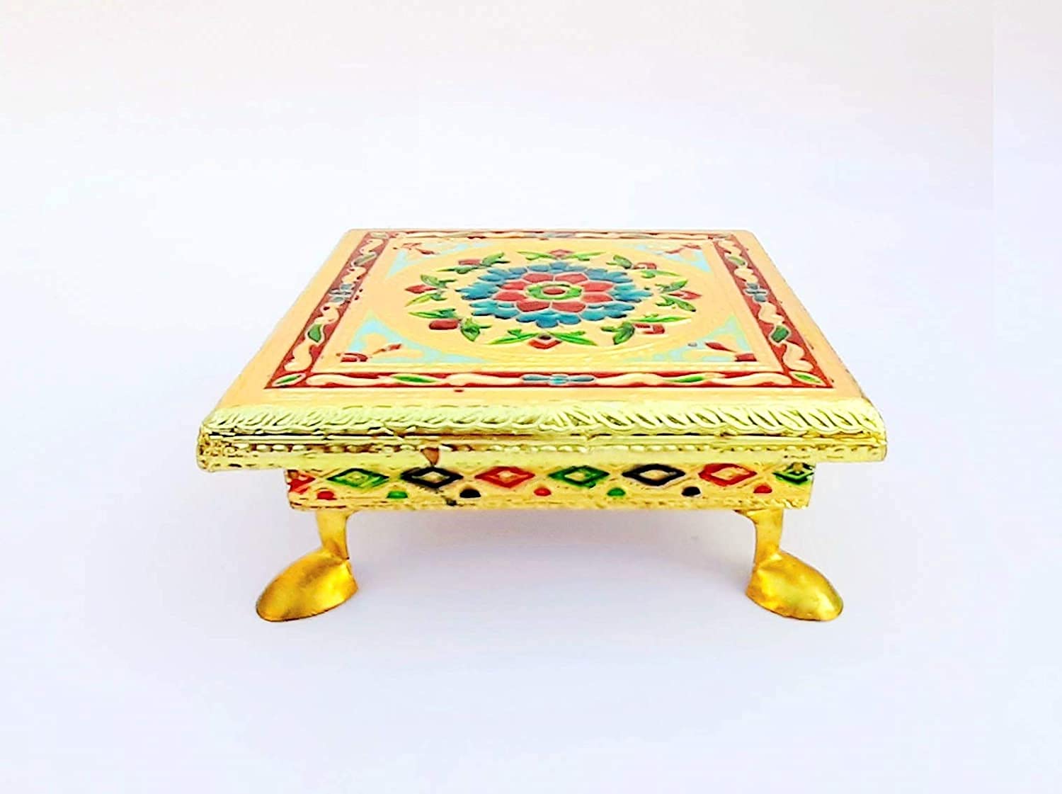Bajot Chowki de madera tradicional para decoración étnica y altares del hogar