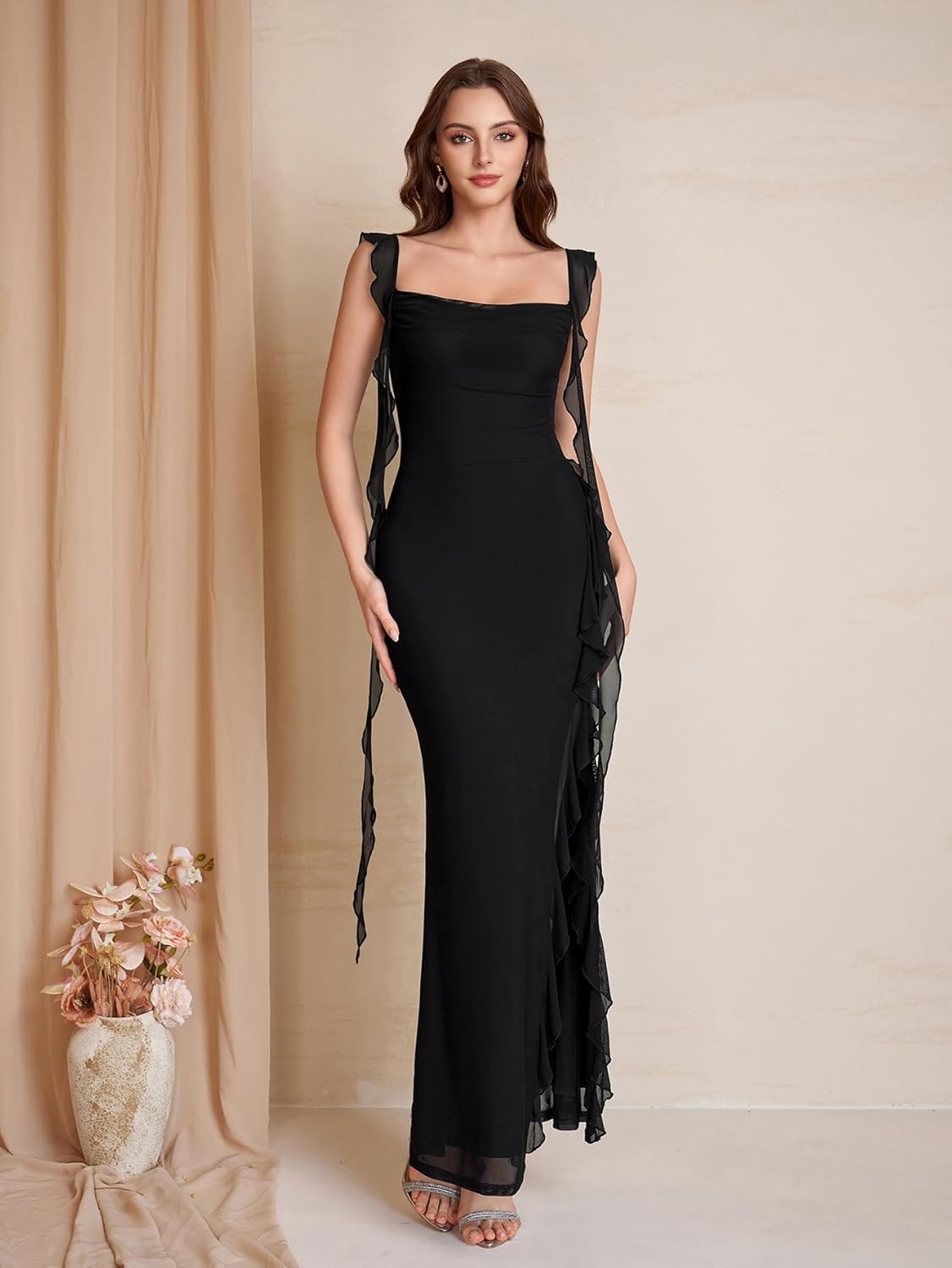 Ruffle Long Fromal Wedding Guest Dress Floral Slit Bodycon Maxi Cocktail Party Dresses for Women
