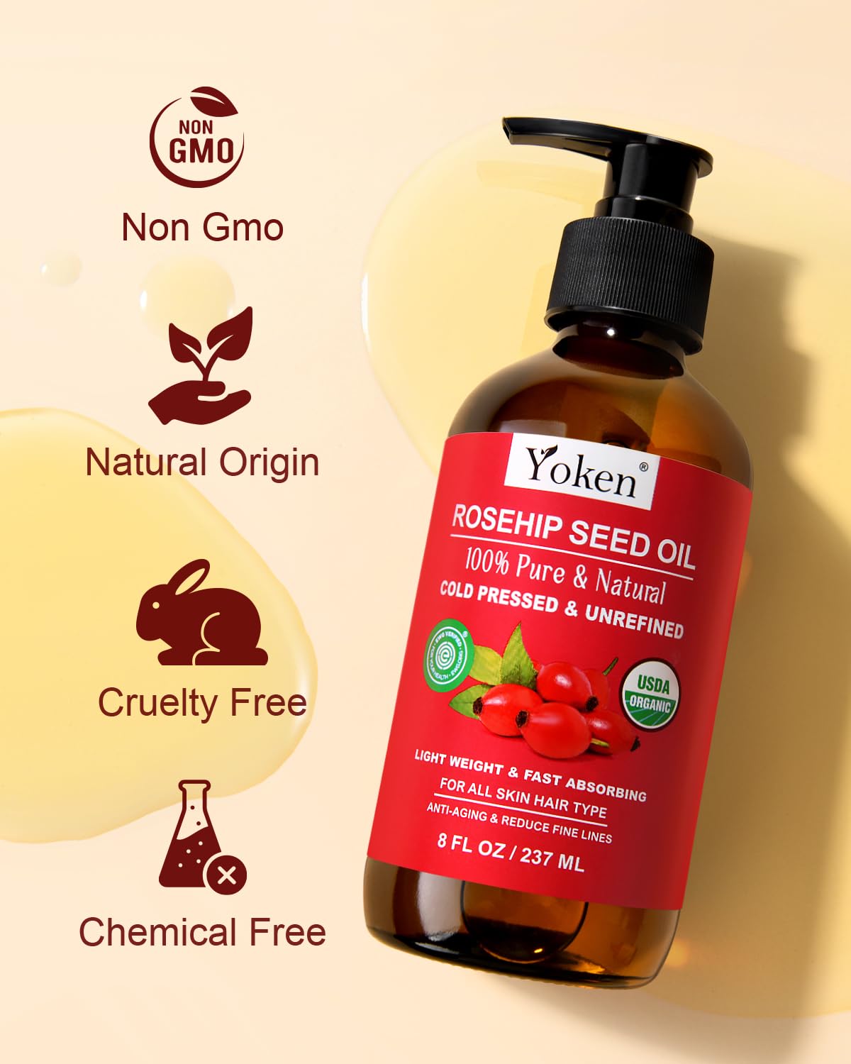 Rosehip Seed Oil Organic, USDA Certified 100% Pure Rosehip Oils for Skin & Hair, 8 fl oz Cold Pressed Rose Hip Oil for Full Body Care, Moisturizing, Gua Sha, Massage, Carrier Oil - Image 6
