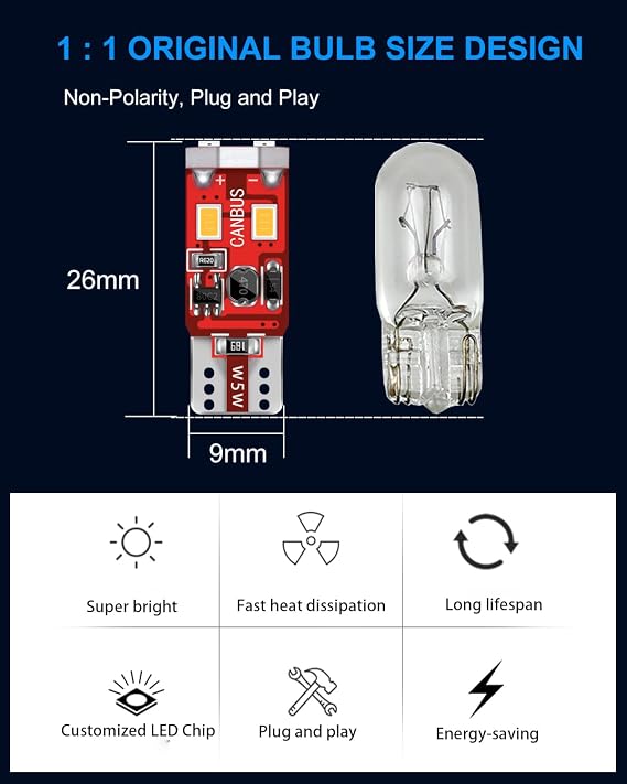194 168 2825 W5W T10 LED Bulbs in Xenon White and Warm White, Total 4 Bulbs