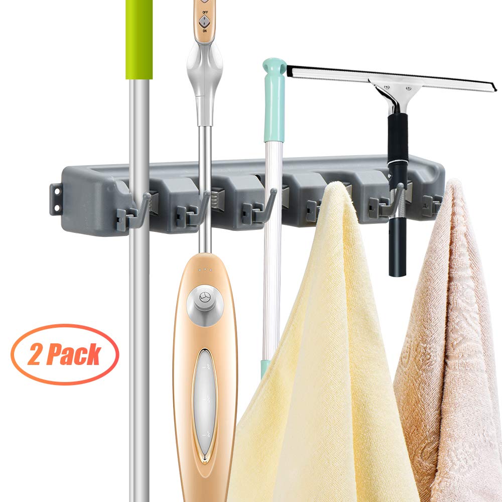 Paquete de 2 soportes para escobas de 16 pulgadas, organizador de almacenamiento de garaje con 5 estantes, 6 ganchos, herramienta de almacenamiento ajustable para montaje en la pared para Lanudry Garaje Cocina Jardín 3