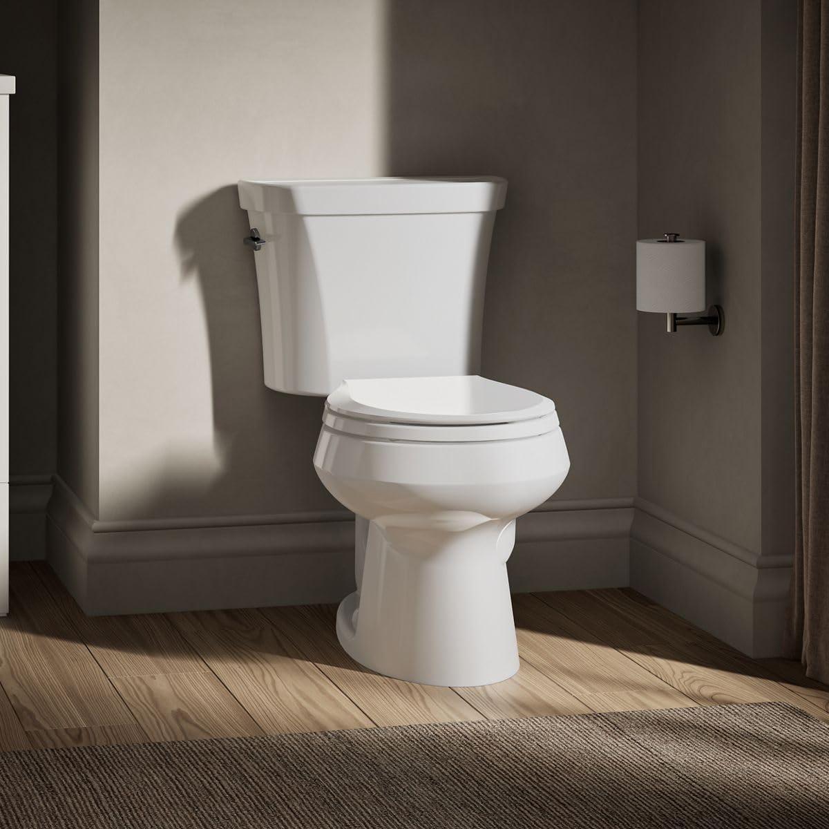 KOHLER K-3987-0 Wellworth Two-Piece Round-Front Dual-Flush Toilet with Class Five Flush System and Left-Hand Trip Lever, White