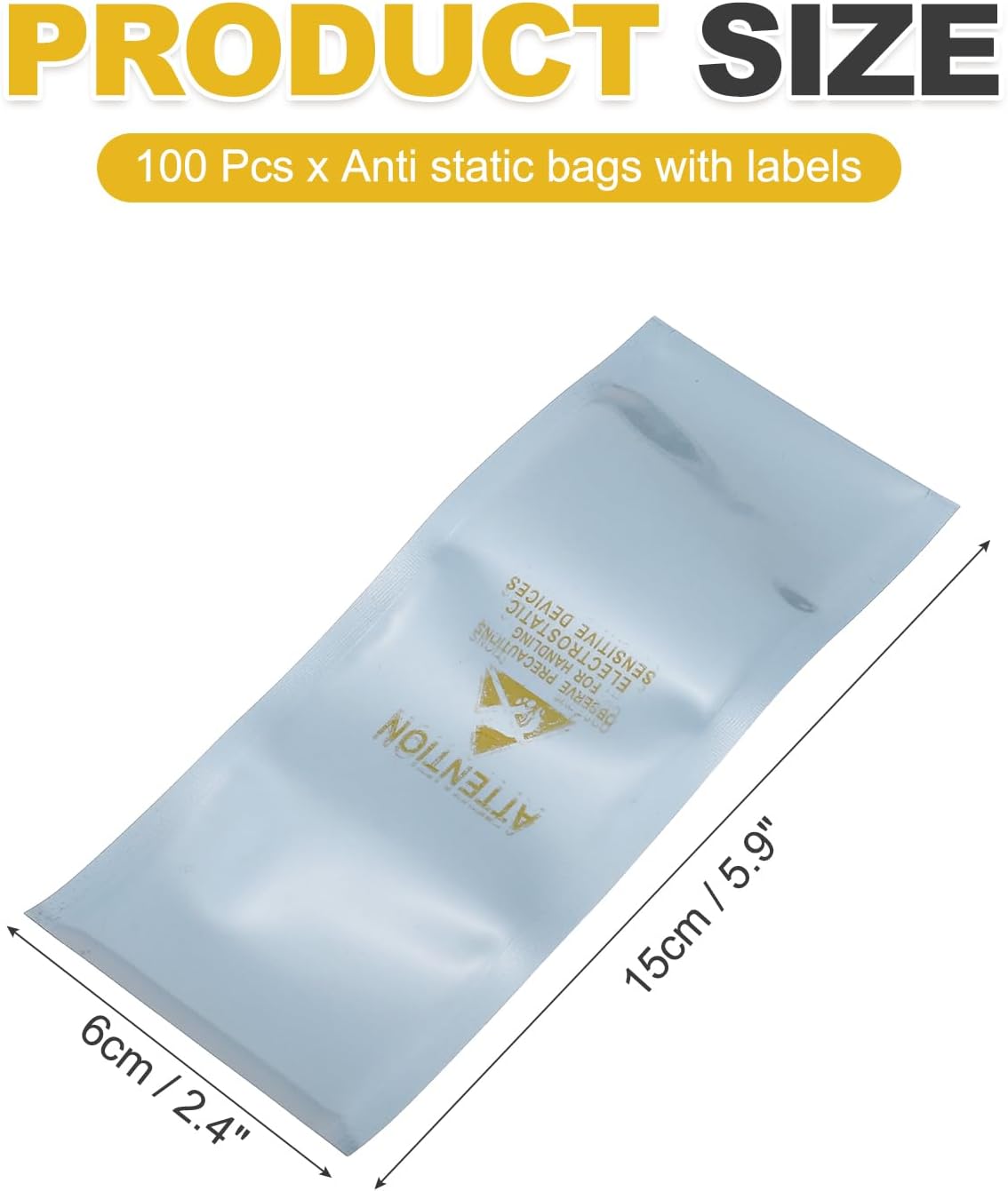 MECCANIXITY 100 Pcs Anti Static Bags 2.4" x 5.9" Open Top ESD Shielding Bag with Labels for Hard Drive HDD SSD Electronic Device Motherboards, Silver Gray