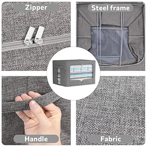 3 Pack Clothes Storage Bins Foldable Metal Frame Storage Box Stackable Linen Fabric Organizer Set with Carrying Handles and Clear Window (Dark Gray, 15.7x11.8x11.8inch(36L))